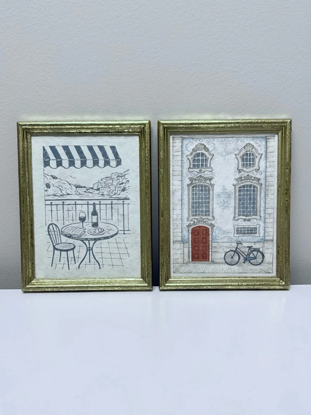 Set of Two Gold-Framed Art Prints - Café Patio and Townhouse Scenes, New!